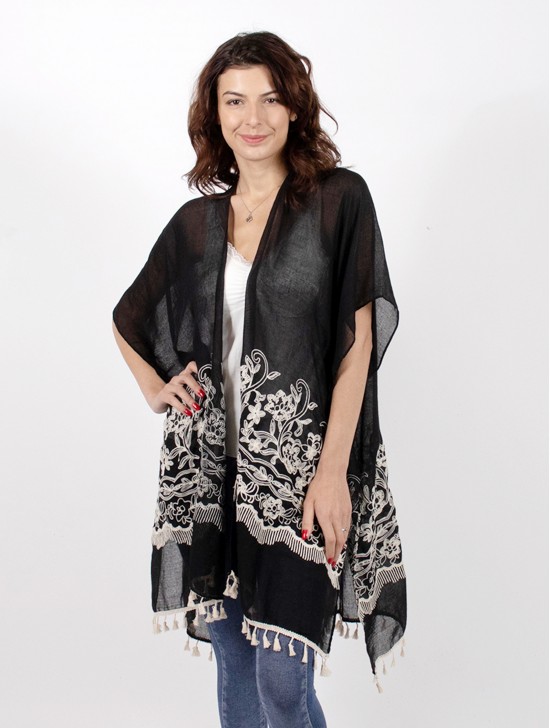 Floral Embroidered Kimono w/ Tassels